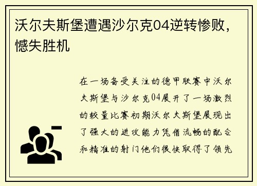 沃尔夫斯堡遭遇沙尔克04逆转惨败，憾失胜机