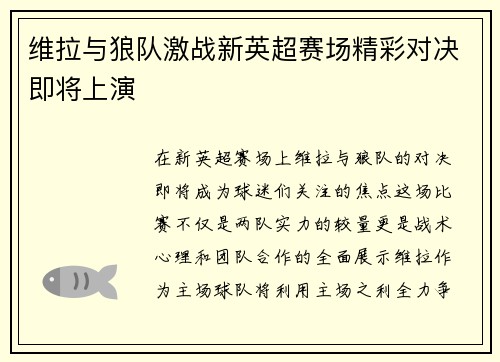 维拉与狼队激战新英超赛场精彩对决即将上演